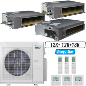 Klimaire 36,000 BTU 3-Zone Ducted Recessed Mini Split Heat Pump | 19.4 SEER2 | 12k + 12k + 18k | R454B
