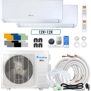Klimaire DIY 18,000 BTU 2-Zone Regular Heat Wall Mounted Mini Split Heat Pump | 24 SEER2 | 12k + 12k | R454B | KMIP