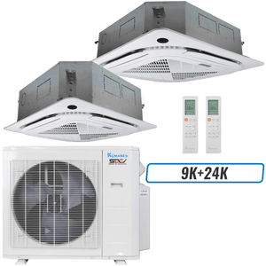 Klimaire 27,000 BTU 2-Zone Ceiling Cassette Mini Split Heat Pump | 23 SEER2 | 9k + 24k | R454B