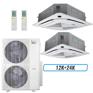 Klimaire 60,000 BTU 2-Zone Ceiling Cassette Mini Split Heat Pump | 19.2 SEER2 | 12k + 24k | R454B