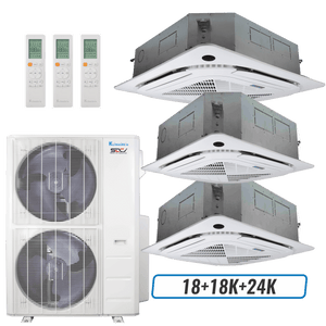 Klimaire 51,000 BTU 3-Zone Ceiling Cassette Mini split Heat Pump | 21.4 SEER2 | 18k + 18k + 24k | R454B
