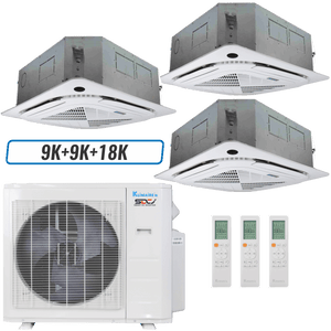 Klimaire 27,000 BTU 3-Zone Ceiling Cassette Mini Split Heat Pump | 23 SEER2 | 9k + 9k + 18k | R454B
