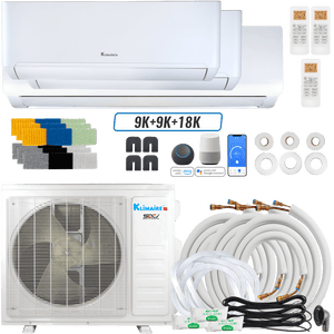 Klimaire DIY 27,000 BTU 3-Zone Regular Heat Wall Mounted Mini Split Heat Pump | 24 SEER2 | 9k + 9k +18k | R454B | KMIP