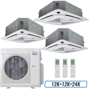 Klimaire 36,000 BTU 3-Zone Ceiling Cassette Mini Split Heat Pump | 21.5 SEER2 | 12k + 12k + 24k | R454B