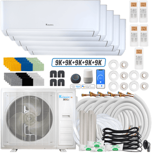 Klimaire DIY 42,000 BTU 5-Zone Regular Heat Wall Mounted Mini Split Heat Pump | 22 SEER2 | 9k + 9k + 9k + 9k + 9k | R454B | KMIP