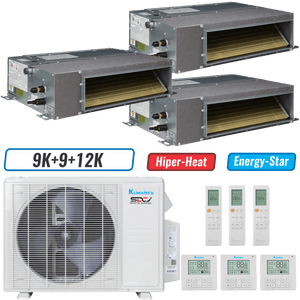Klimaire 19,000 BTU 3-Zone Hyper Heat Ducted Recessed Mini Split Heat Pump | 20 SEER2 | 9k + 9k + 12k | R454B