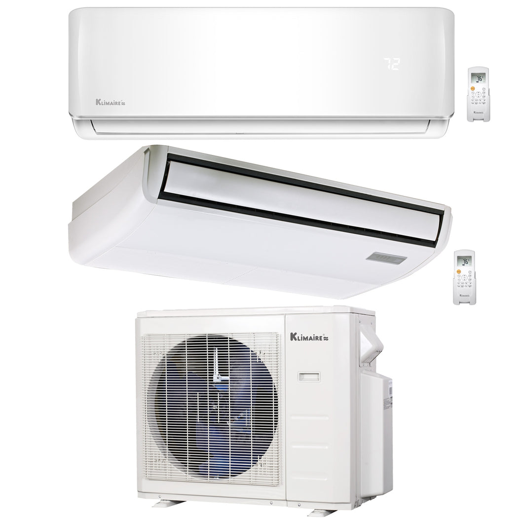 2-Zone Klimaire 23.5 SEER2 Multi Split Wall Mount Floor-ceiling Air Conditioner Heat Pump System 18+18