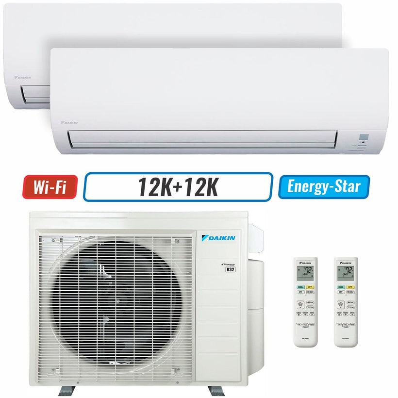 2 - Zone - 24,000 BTU 21 SEER2 Daikin MXM Series Wall Mounted Ductless Mini Split Heat Pump Air Conditioner System 12K + 12K - 230V | R32 | Wi-Fi Enabled