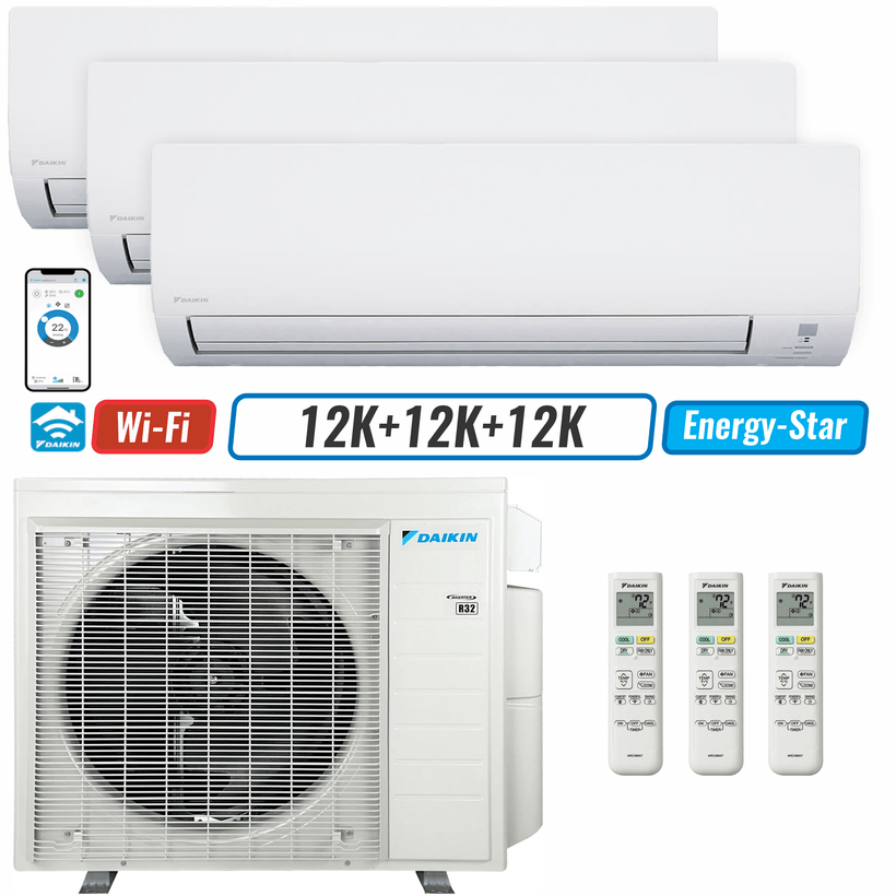 3 - Zone - 24,000 BTU 21 SEER2 Daikin MXM Series Wall Mounted Ductless Mini Split Heat Pump Air Conditioner System 12K + 12K + 12K - 230V | R32 | Wi-Fi Enabled