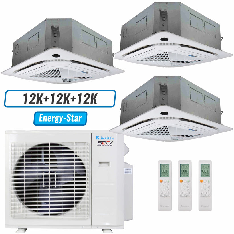 Klimaire 27,000 BTU 3-Zone Ceiling Cassette Mini Split Heat Pump | 23 SEER2 | 12k + 12k + 12k | R454B