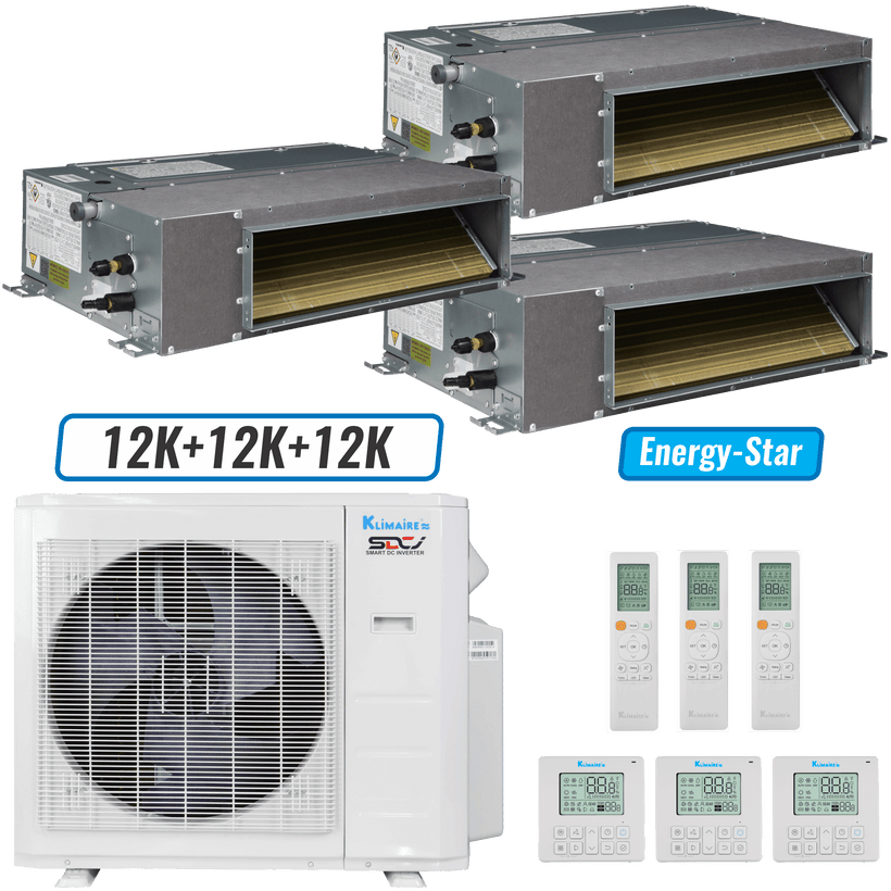 Klimaire 27,000 BTU 3-Zone Ducted Recessed Mini Split Heat Pump | 21 SEER2 | 12k + 12k + 12k | R454B