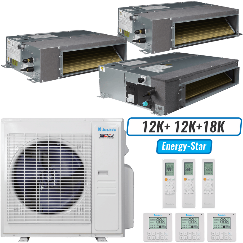 Klimaire 36,000 BTU 3-Zone Ducted Recessed Mini Split Heat Pump | 19.4 SEER2 | 12k + 12k + 18k | R454B
