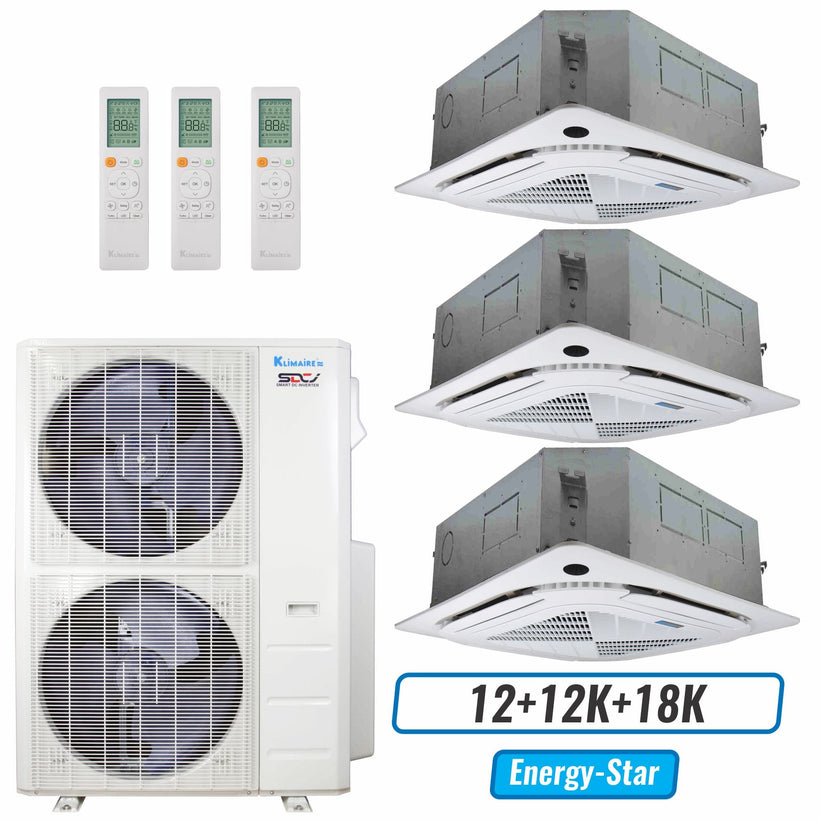 Klimaire 46,000 BTU 3-Zone Ceiling Cassette Mini Split Heat Pump | 21.2 SEER2 | 12k + 12k + 18k | R454B