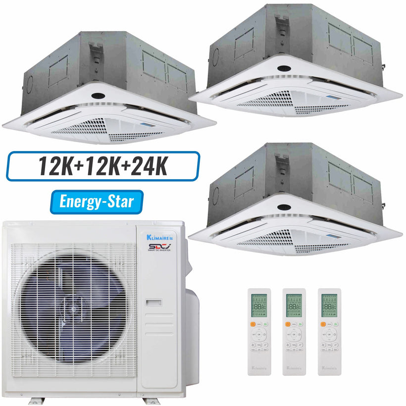 Klimaire 36,000 BTU 3-Zone Ceiling Cassette Mini Split Heat Pump | 21.5 SEER2 | 12k + 12k + 24k | R454B