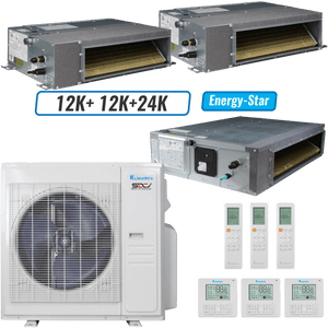 Klimaire 36,000 BTU 3-Zone Ducted Recessed Mini Split Heat Pump | 19.4 SEER2 | 12k + 12k + 24k | R454B