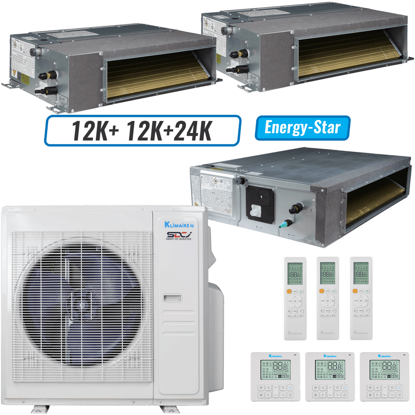 Klimaire 36,000 BTU 3-Zone Ducted Recessed Mini Split Heat Pump | 19.4 SEER2 | 12k + 12k + 24k | R454B