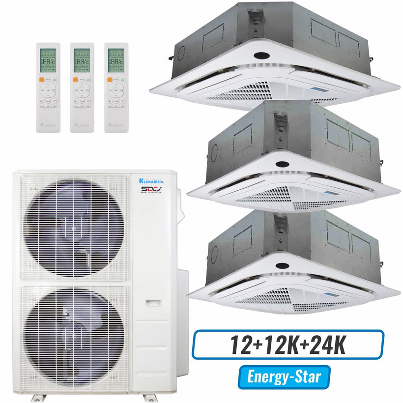 Klimaire 46,000 BTU 3-Zone Ceiling Cassette Mini Split Heat Pump | 21.2 SEER2 | 12k + 12k + 24k | R454B