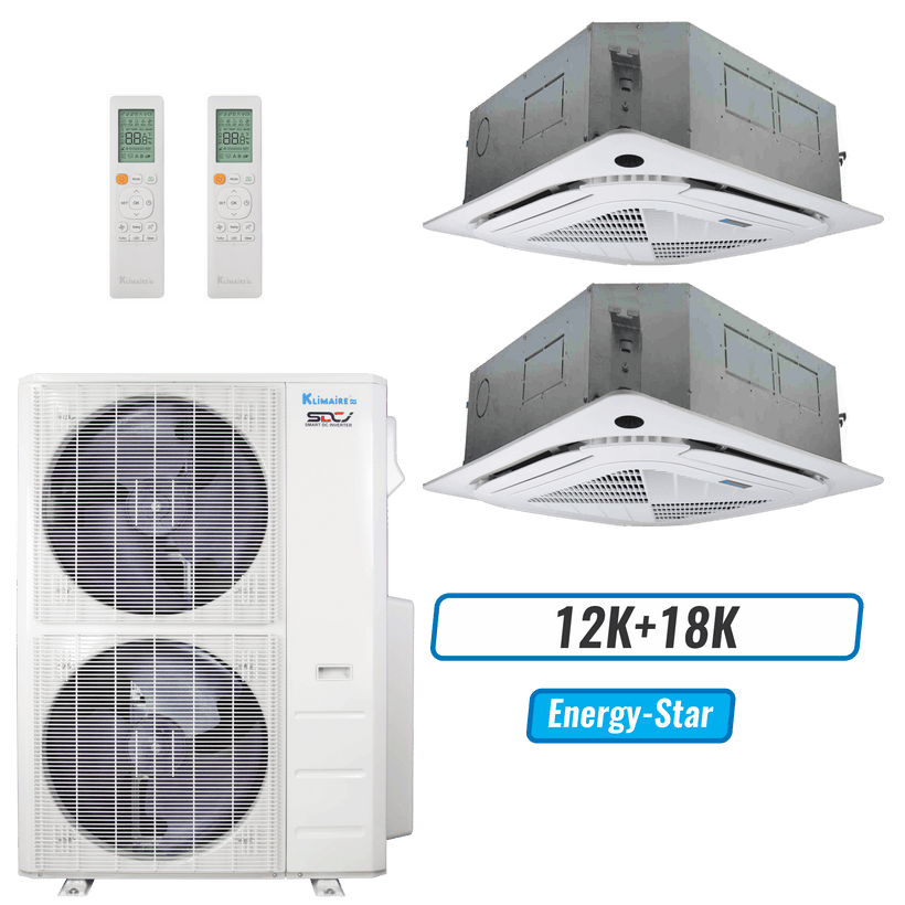 Klimaire 45,000 BTU 2-Zone Ceiling Cassette Mini Split Heat Pump | 24 SEER2 | 12k + 18k | R454B