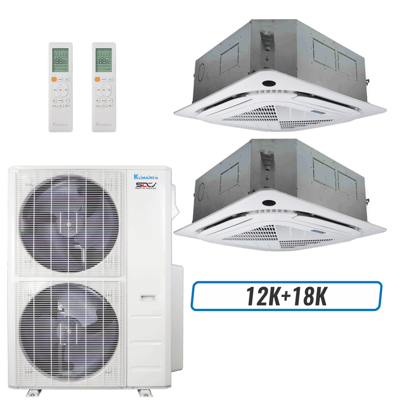 Klimaire 60,000 BTU 2-Zone Ceiling Cassette Mini Split Heat Pump | 19.2 SEER2 | 12k + 18k | R454B