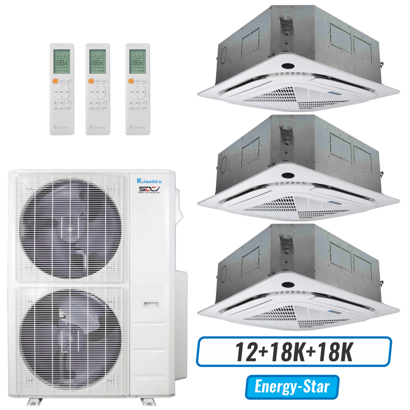 Klimaire 46,000 BTU 3-Zone Ceiling Cassette Mini Split Heat Pump | 21.2 SEER2 | 12k + 18k + 18k | R454B