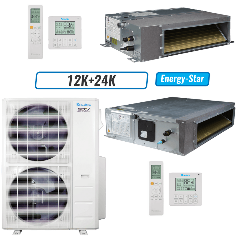 Klimaire 45,000 BTU 2-Zone Ducted Recessed Mini Split Heat Pump | 20.4 SEER2 | 12k + 24k | R454B