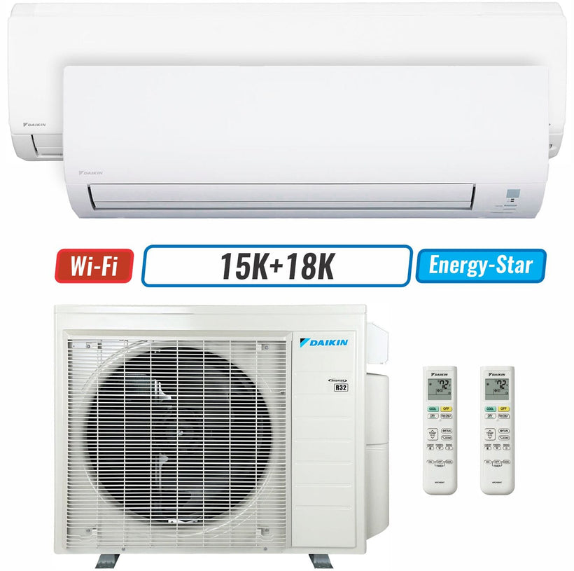 2 - Zone - 24,000 BTU 21 SEER2 Daikin MXM Series Wall Mounted Ductless Mini Split Heat Pump Air Conditioner System 15K + 18K - 230V | R32 | Wi-Fi Enabled