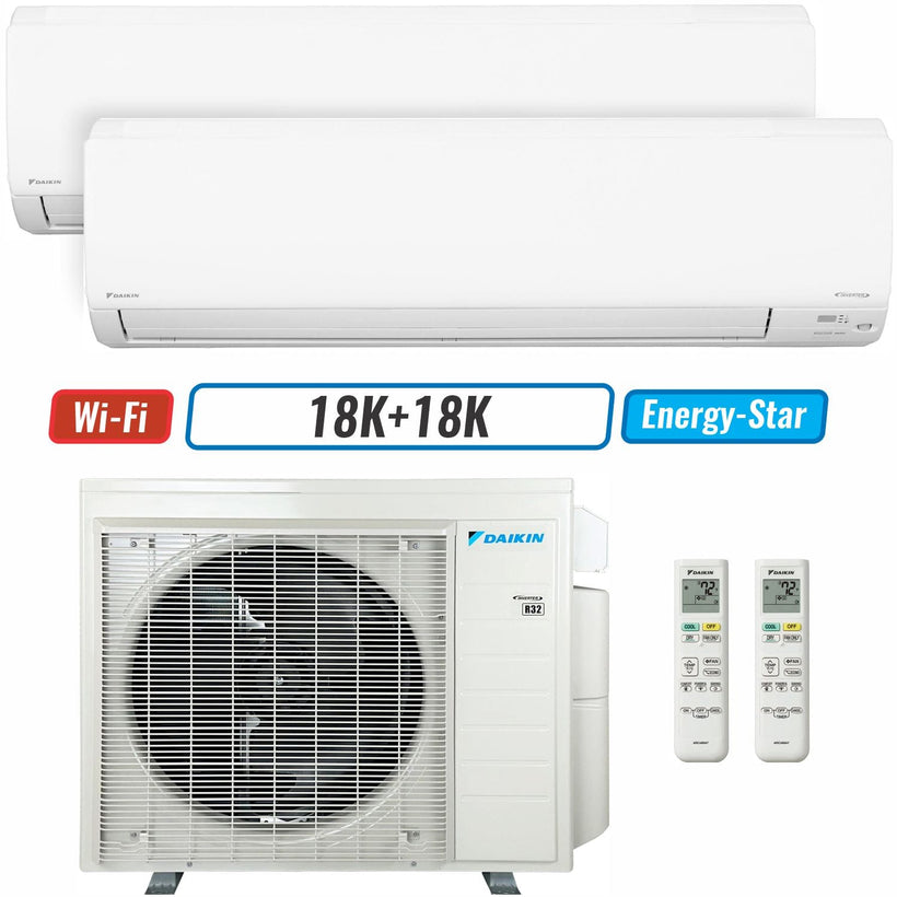 2 - Zone - 24,000 BTU 21 SEER2 Daikin MXM Series Wall Mounted Ductless Mini Split Heat Pump Air Conditioner System 18K + 18K - 230V | R32 | Wi-Fi Enabled