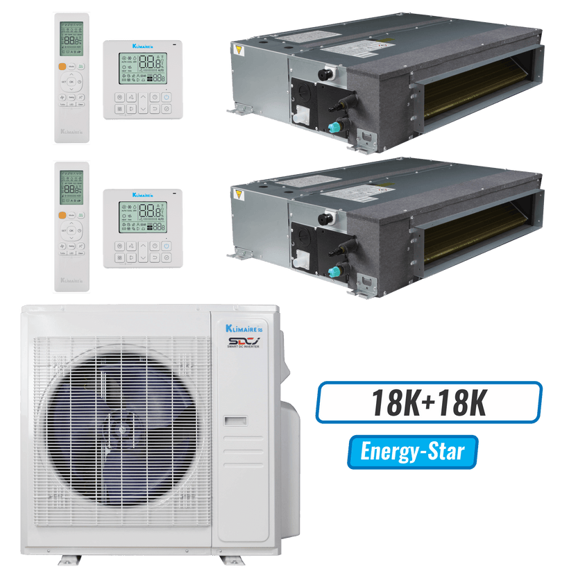 Klimaire 35,000 BTU 2-Zone Ducted Concealed Mini Split Heat Pump | 20 SEER2 | 18k + 18k | R454B