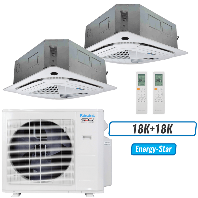 Klimaire 35,000 BTU 2-Zone Ceiling Cassette Mini Split Heat Pump | 23 SEER2 | 18k + 18k | R454B