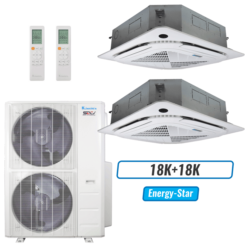 Klimaire 45,000 BTU 2-Zone Ceiling Cassette Mini Split Heat Pump | 24 SEER2 | 18k + 18k | R454B