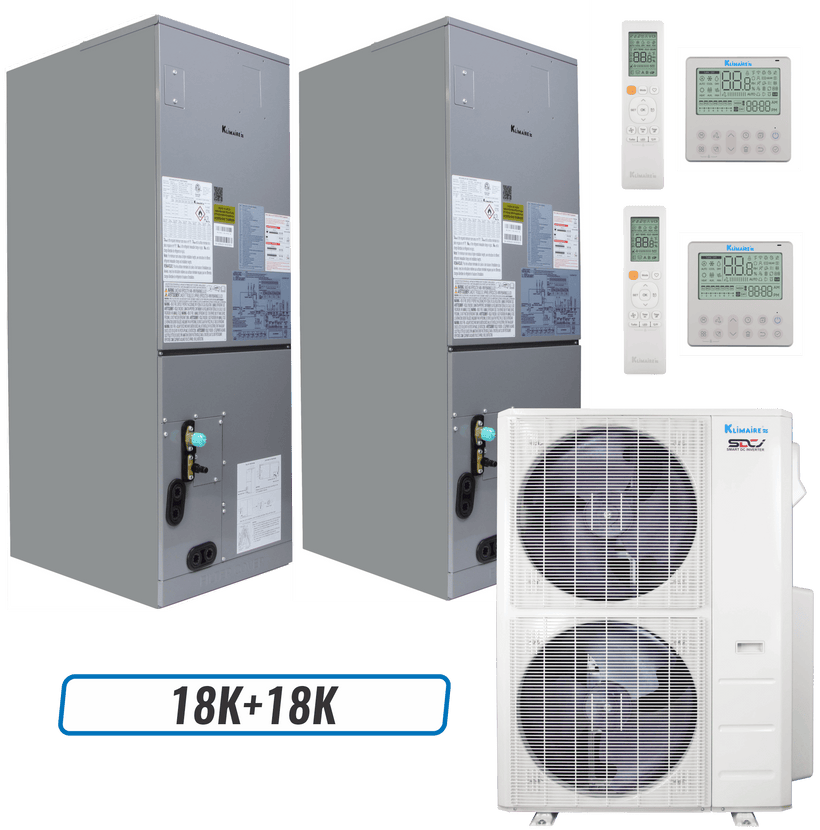Klimaire 60,000 BTU 2-Zone Ducted Air Handler Split Heat Pump | 18 SEER2 | 18k + 18k | R454B