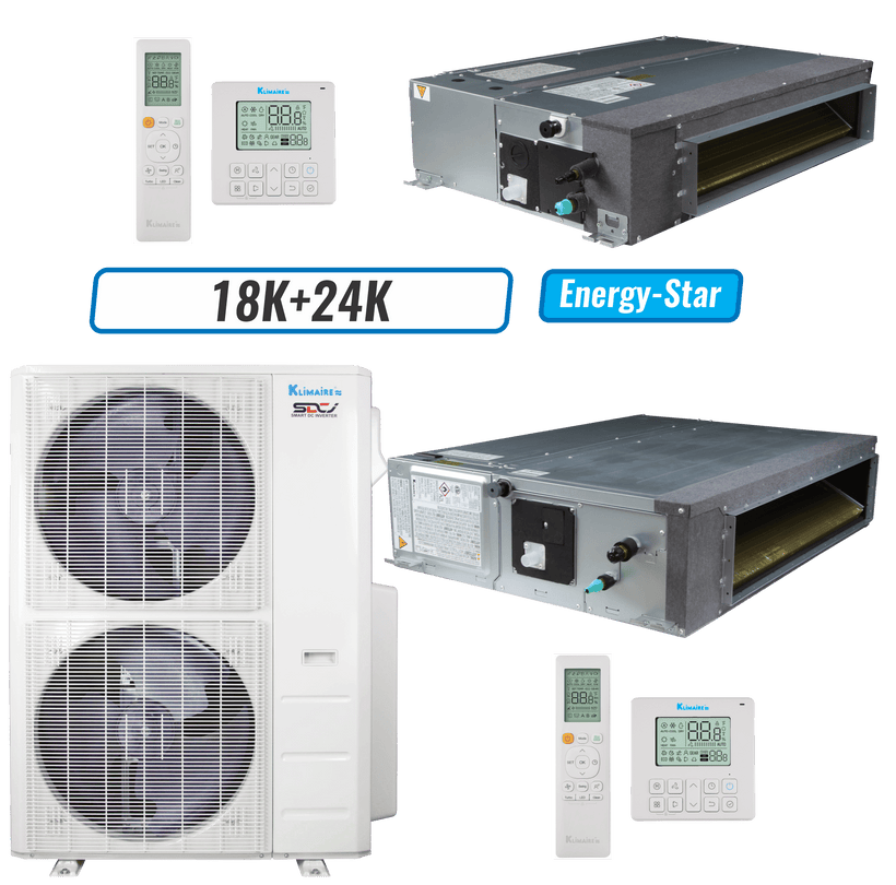 Klimaire 45,000 BTU 2-Zone Ducted Recessed Mini Split Heat Pump | 20.4 SEER2 | 18k + 24k | R454B