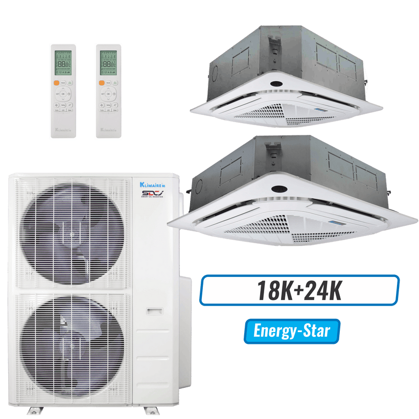 Klimaire 45,000 BTU 2-Zone Ceiling Cassette Mini Split Heat Pump | 24 SEER2 | 18k + 24k | R454B