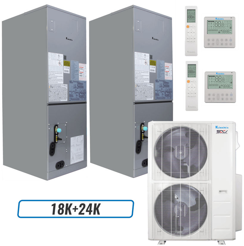 Klimaire 60,000 BTU 2-Zone Ducted Air Handler Split Heat Pump | 18 SEER2 | 18k + 24k | R454B