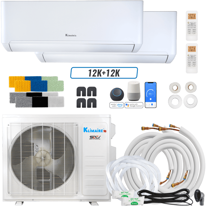 Klimaire DIY 18,000 BTU 2-Zone Regular Heat Wall Mounted Mini Split Heat Pump | 24 SEER2 | 12k + 12k | R454B