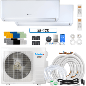 Klimaire DIY 18,000 BTU 2-Zone Regular Heat Wall Mounted Mini Split Heat Pump | 24 SEER2 | 9k + 12k | R454B