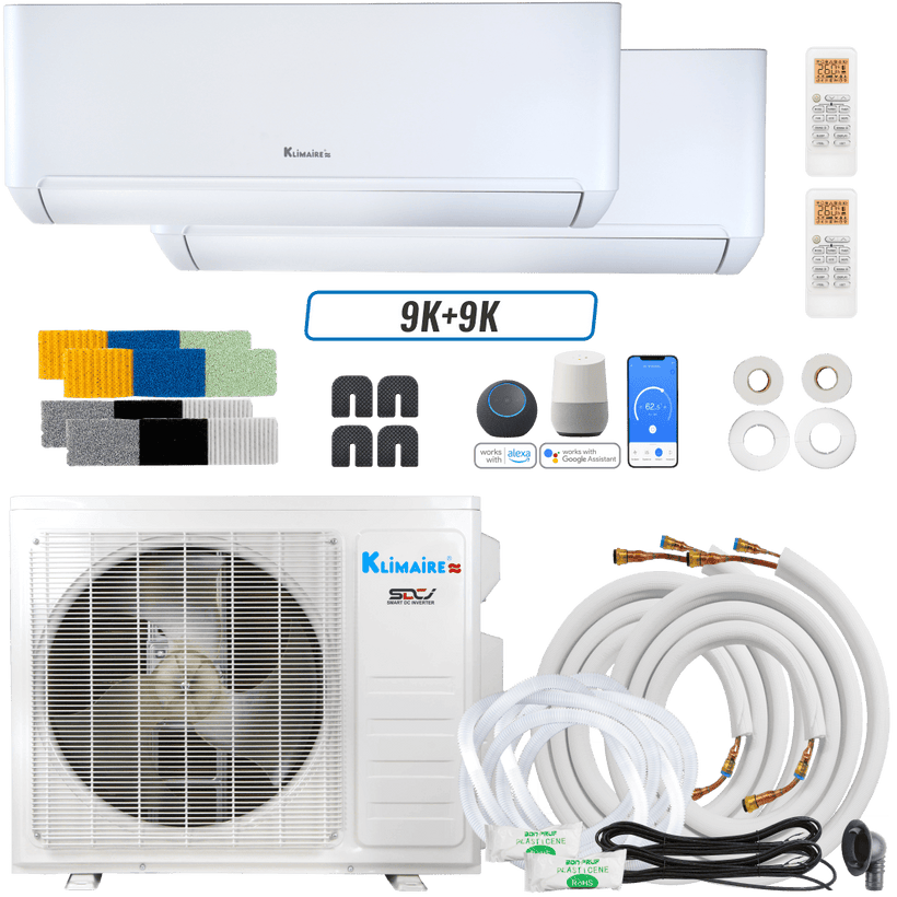 Klimaire DIY 18,000 BTU 2-Zone Regular Heat Wall Mounted Mini Split Heat Pump | 24 SEER2 | 9k + 9k | R454B