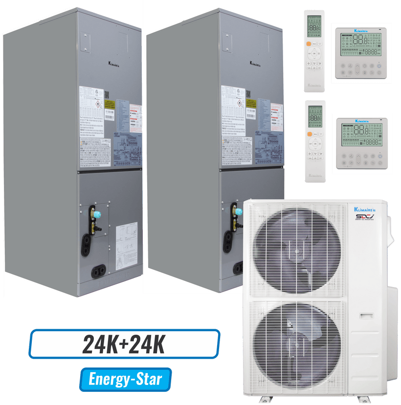 Klimaire 45,000 BTU 2-Zone Ducted Air Handler Split Heat Pump | 20.4 SEER2 | 24k + 24k | R454B