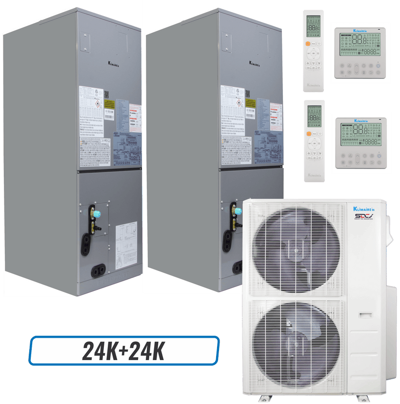 Klimaire 60,000 BTU 2-Zone Ducted Air Handler Split Heat Pump | 18 SEER2 | 24k + 24k | R454B