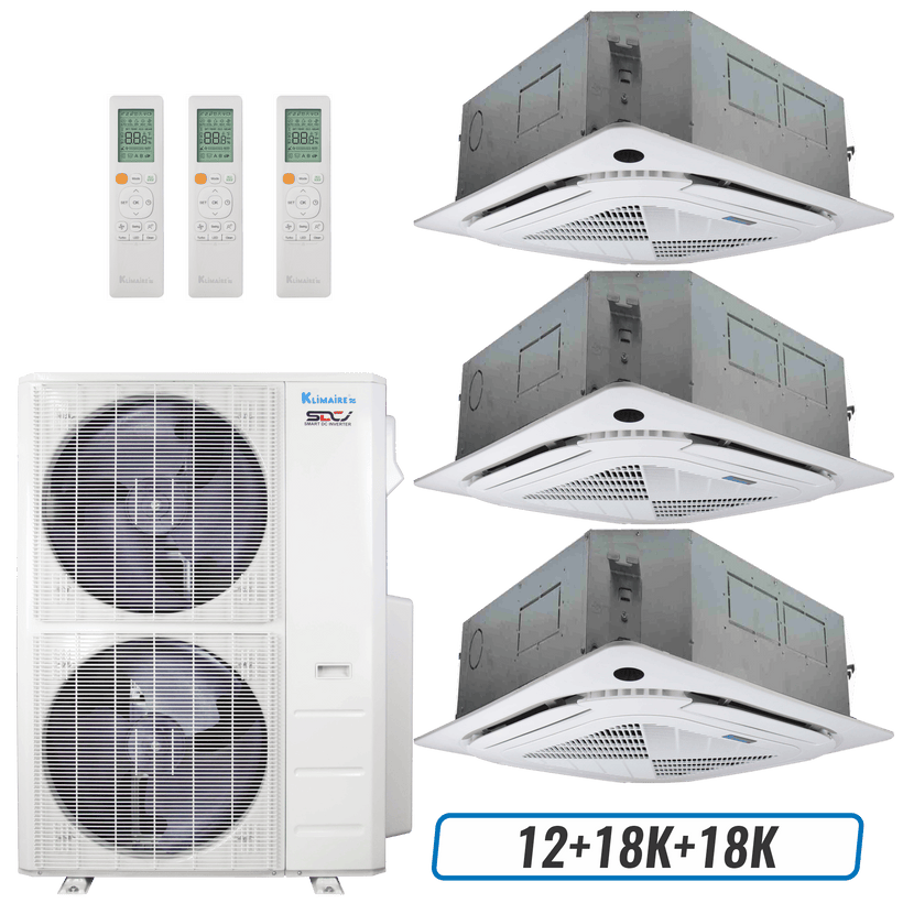 Klimaire 46,000 BTU 3-Zone Ceiling Cassette Mini Split Heat Pump | 21.2 SEER2 | 12k + 18k + 18k | R454B