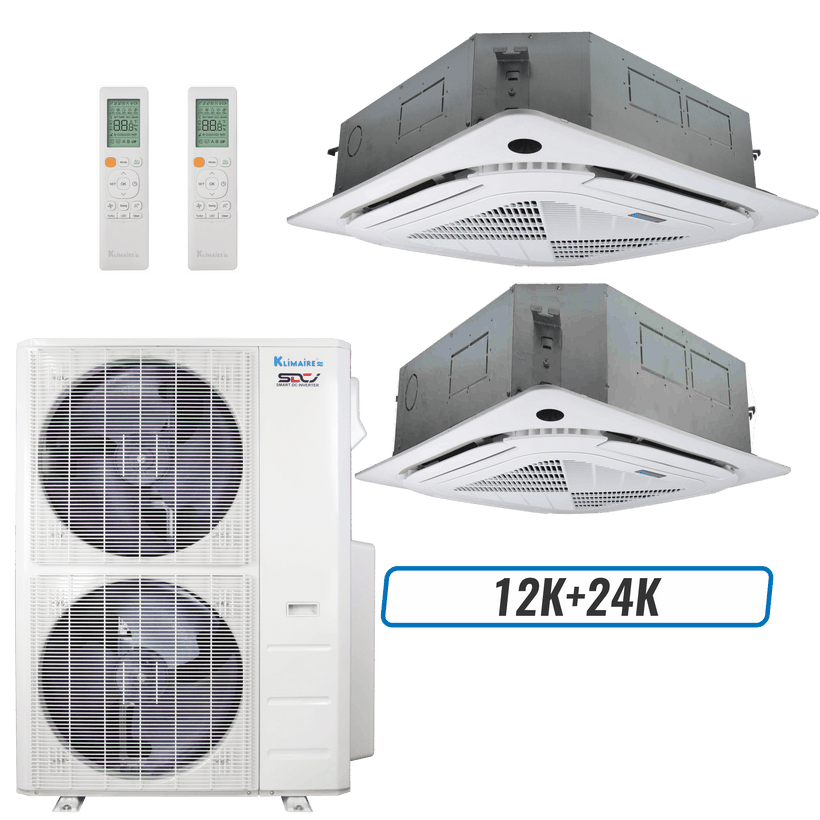 Klimaire 60,000 BTU 2-Zone Ceiling Cassette Mini Split Heat Pump | 19.2 SEER2 | 12k + 24k | R454B