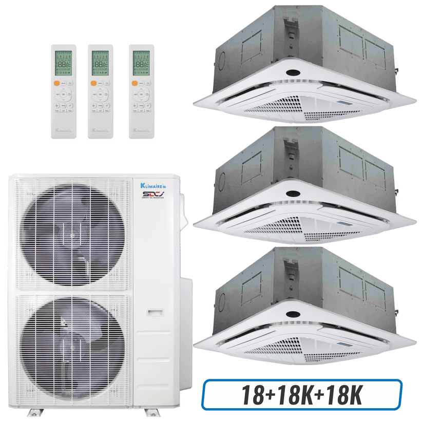 Klimaire 51,000 BTU 3-Zone Ceiling Cassette Mini split Heat Pump | 21.4 SEER2 | 18k + 18k + 18k | R454B