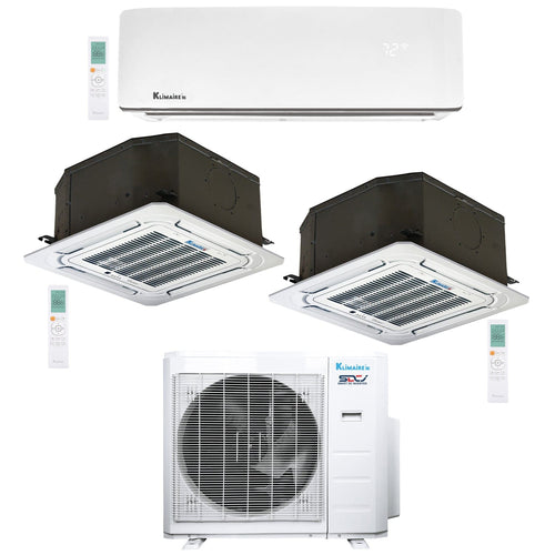 3-Zone Klimaire 23.9 SEER2 Multi Split Ceiling Cassette Wall Mount Air Conditioner Heat Pump System 12+12+12