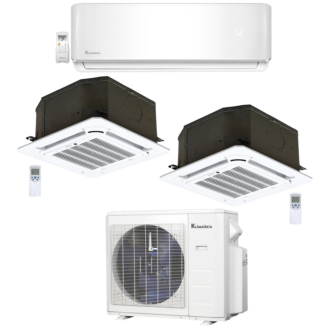 3-Zone Klimaire 23.9 SEER2 Multi-Split Ceiling Cassette Wall Mount Air Conditioner Heat Pump System 12+12+24