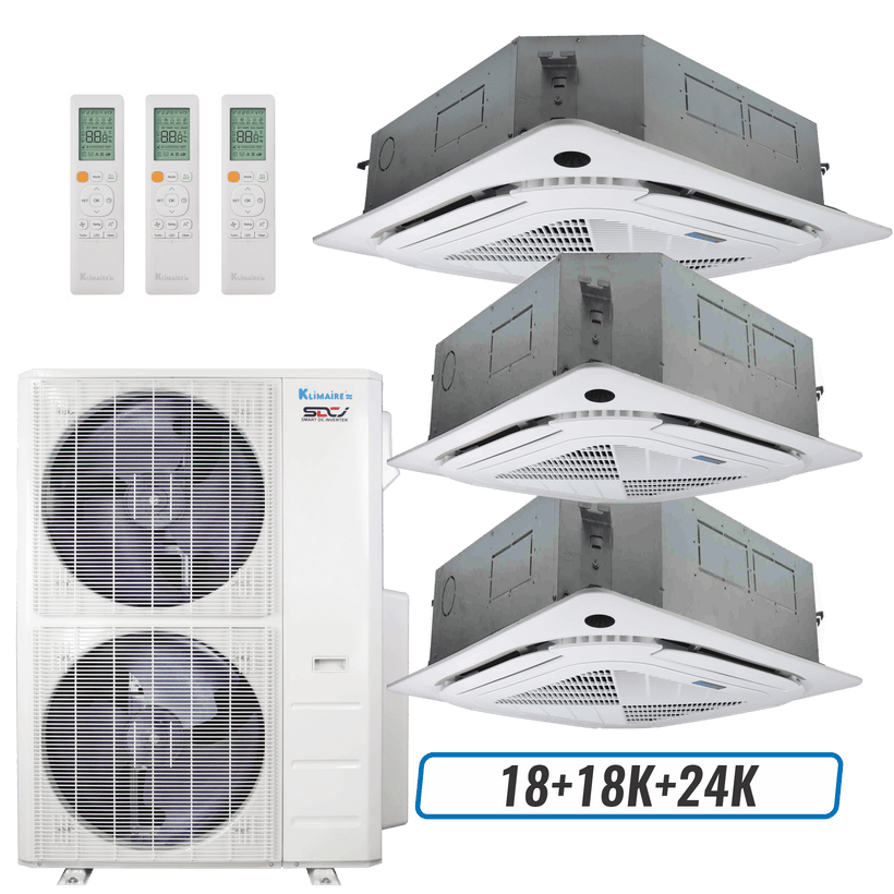 Klimaire 51,000 BTU 3-Zone Ceiling Cassette Mini split Heat Pump | 21.4 SEER2 | 18k + 18k + 24k | R454B