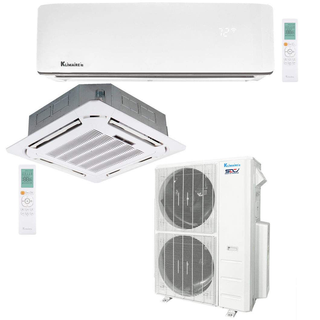 2-Zone Klimaire 21.1 SEER2 Multi Split Wall Mount Ceiling Cassette Air Conditioner Heat Pump System 12+24