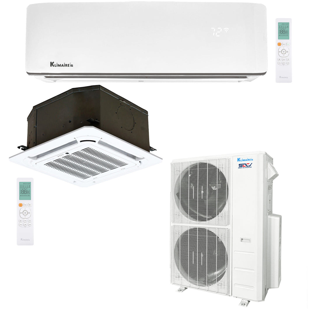 2-Zone Klimaire 21.1 SEER2 Multi Split Ceiling Cassette Wall Mount Air Conditioner Heat Pump System 18+24