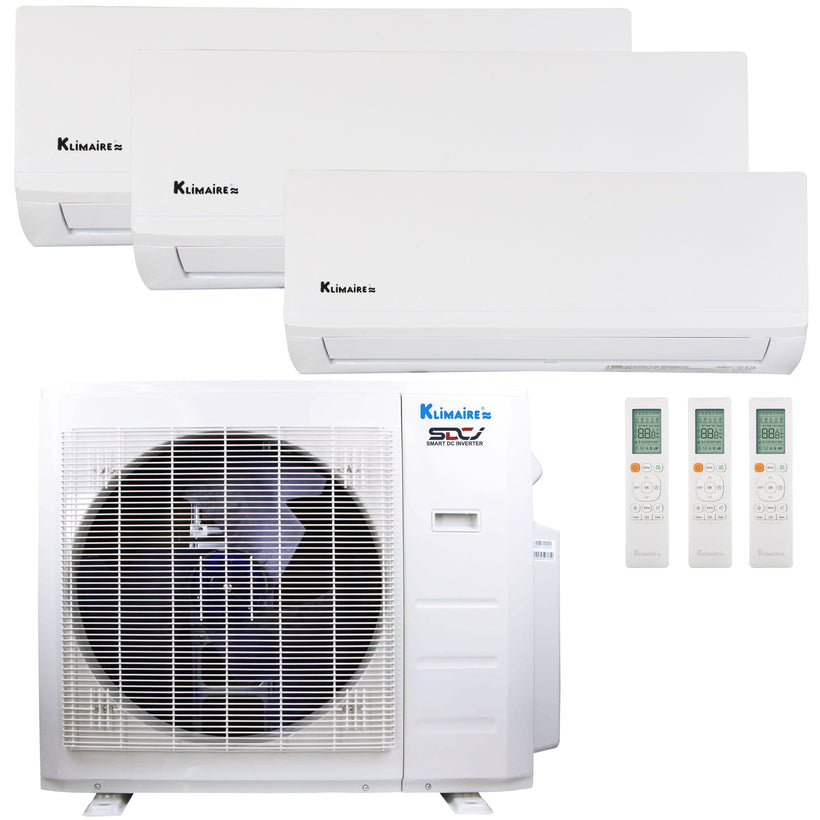 Klimaire 26,000 BTU 3-Zone Regular Heat Wall Mounted Mini Split Heat Pump | 23 SEER2 | 6k + 9k + 12k | R454B | KMIR