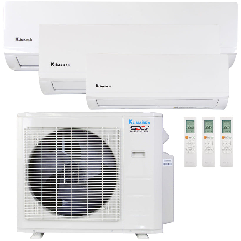 Klimaire 27,000 BTU 3-Zone Hyper Heat Wall Mounted Mini Split Heat Pump | 21 SEER2 | 6k + 9k + 24k | R454B | KMHR