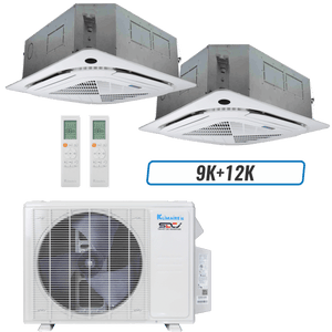 Klimaire 18,000 BTU 2-Zone Ceiling Cassette Mini Split Heat Pump | 23 SEER2 | 9k + 12k | R454B